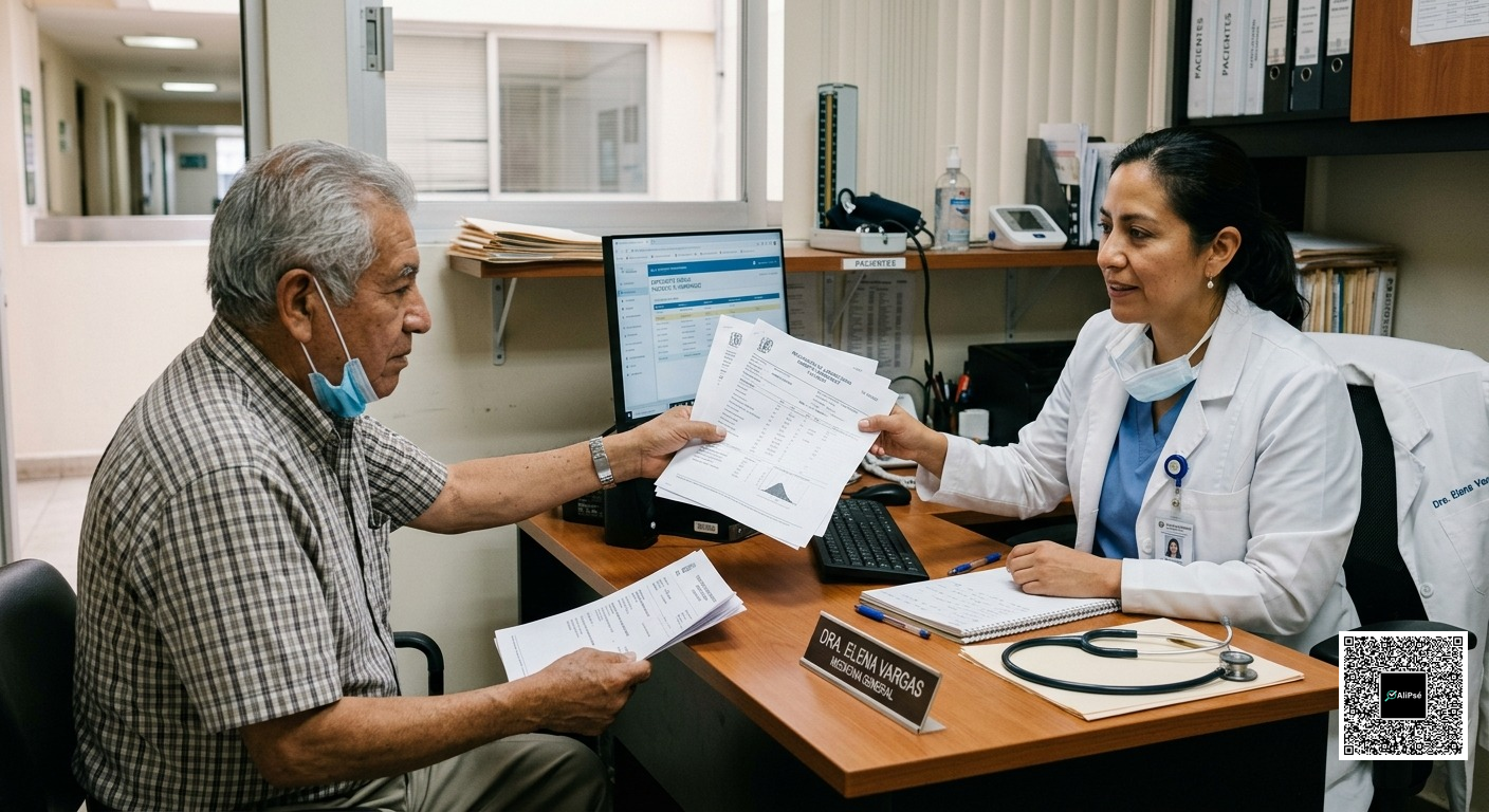 Patient handing printed laboratory results to a physician